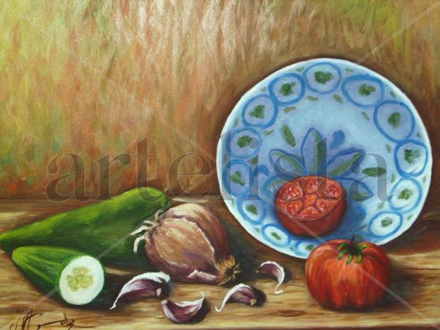 bodegon  plato  con tomate y pepino. Oil Canvas Landscaping