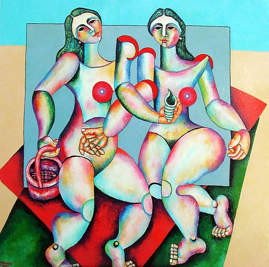 LAS MUJERES DE ALABASTRO BUSCAN DESEOS ROTOS POR LA LUNA. PLAYA DE PAPAGAYO LANZAROTE – ABRIL 96 Oil Canvas Figure Painting