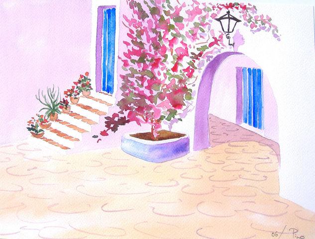 entrada con buganvilla Acuarela Papel Paisaje