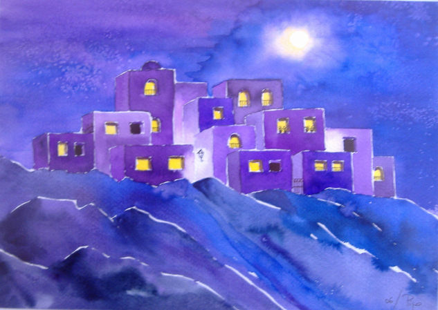 pueblo de noche morada Watercolour Paper Landscaping