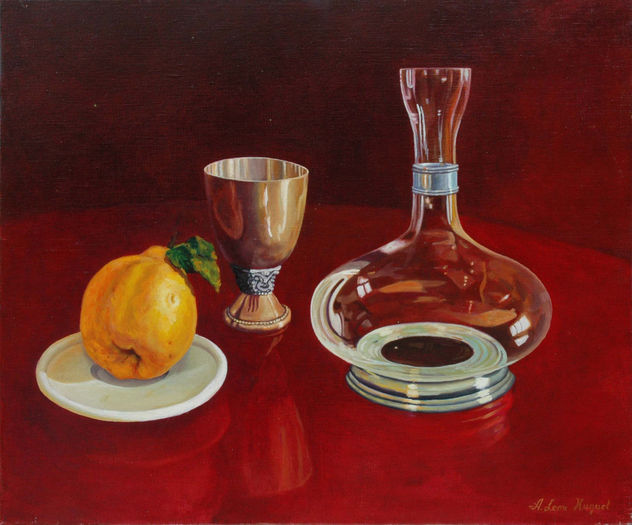 BODEGON CON MEMBRILLO COPA Y JARRA