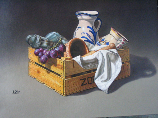 caja de madera con cacharros Oil Canvas Landscaping