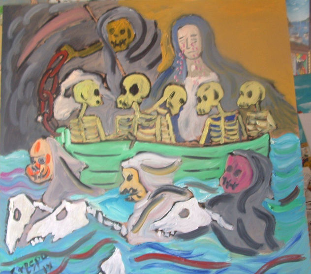 La muerte en el mar de las pateras, óleo madera 50x60 cm. de Crespo