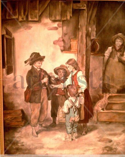 Niños con Pajarillo Oil Canvas Figure Painting