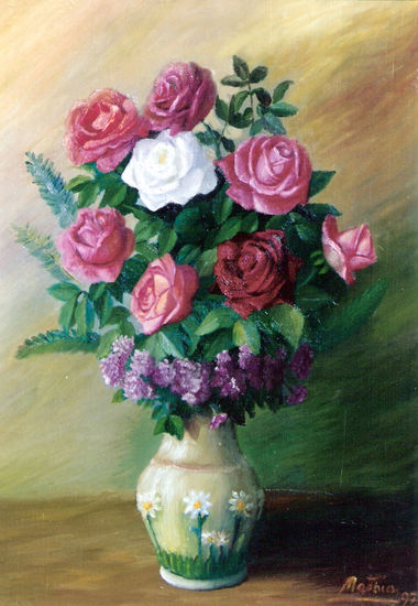 Jarrón de Rosas Óleo Lienzo Floral