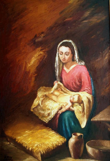 Natividad del Señor Oil Panel Figure Painting