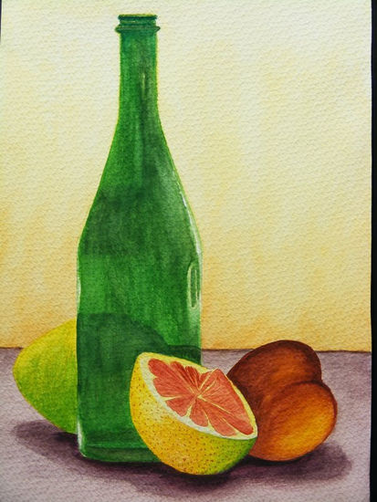 Botella con frutas Watercolour Paper Still Life Paintings