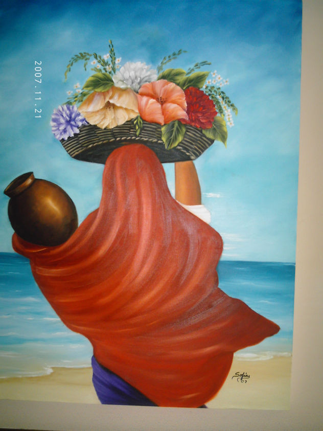 Mujer con jarrón y flores