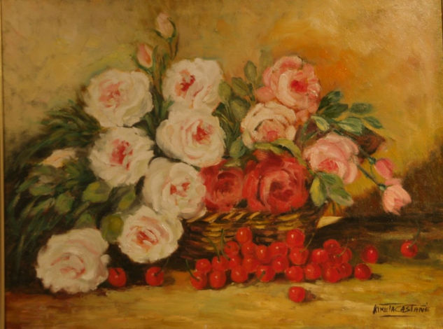 CESTO DE ROSAS Óleo Lienzo Floral