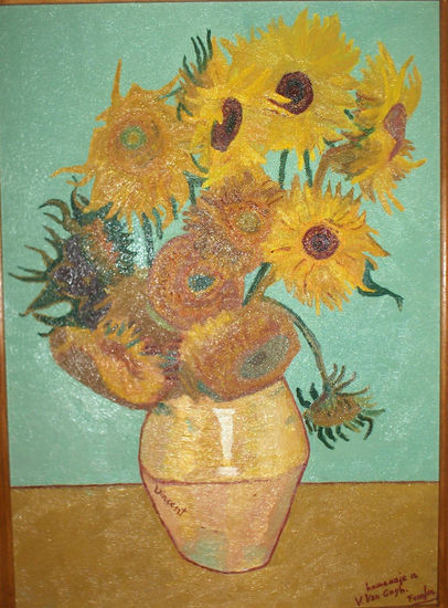 JARRON DE GIRASOLES Oil Panel Floral Painting