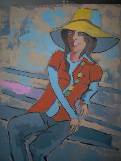 La chica del sombrero amarillo Acrylic Canvas Figure Painting