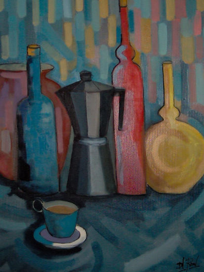 Cafetera y botellas Acrylic Canvas Still Life Paintings