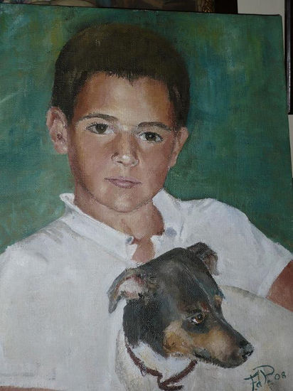 retrato niño con perro Oil Canvas Portrait