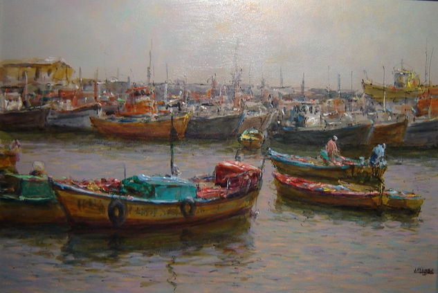 botes en caleta pesquera Acrylic Canvas Marine Painting