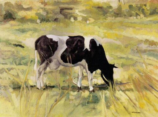 VACA PASTANDO. Oil Canvas Animals