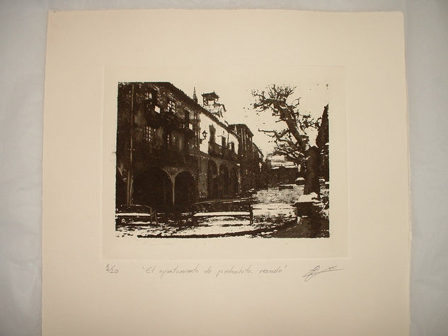 El ayuntamiento de Piedrahita nevado Aquatint