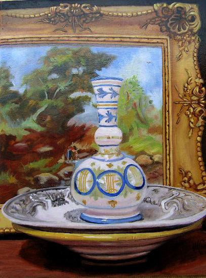 Jarrón y platos con oleo al fondo Oil Canvas