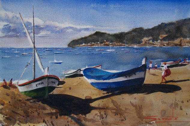 Barcas varadas en la playa de Calella de Palefrugrell Watercolour Paper Marine Painting