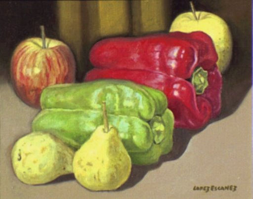 BODEGÓN., PIMIENTOS, PERAS Y MANZANA. Oil Canvas Still Life Paintings