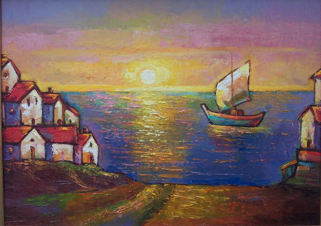 Atardecer en el puerto Oil Canvas Marine Painting