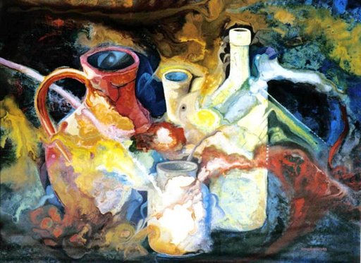 BODEGÓN., JARRONES Y BOTELLA. Oil Card Still Life Paintings