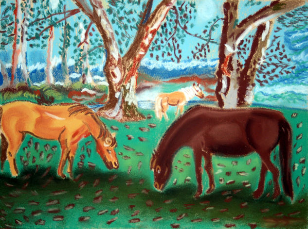 Caballos pastando. Pastel Card Landscaping