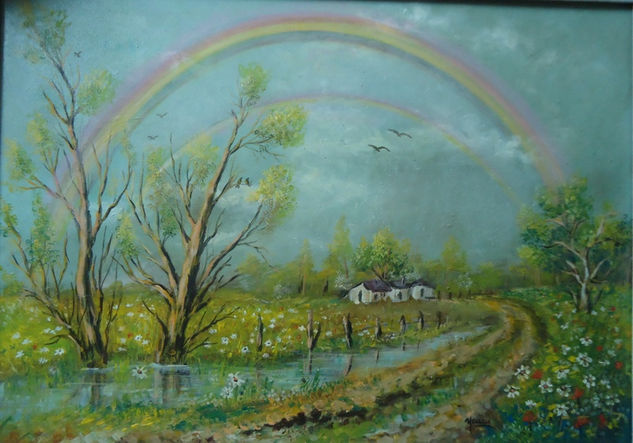 Campo y arco iris Óleo Lienzo Paisaje