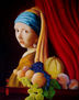 muchacha con turbante azul con frutas