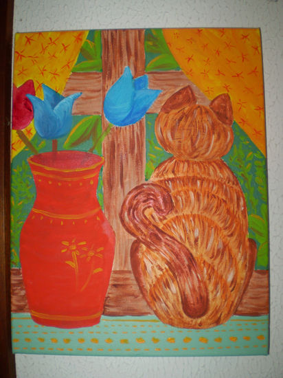 El gato en la ventana Oil Canvas Animals