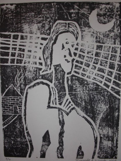 personaje con paisaje Woodcut