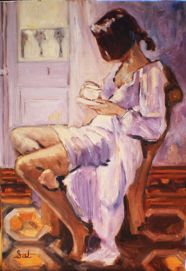 chica tomando el te Oil Canvas Figure Painting