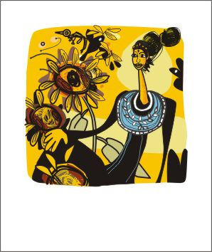 Mujer, girasoles y pájaro