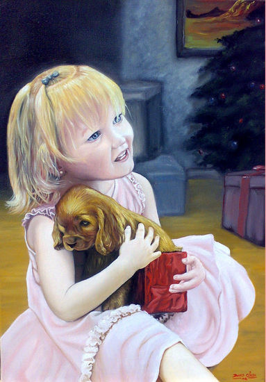 Niña con cachorro Oil Canvas Portrait