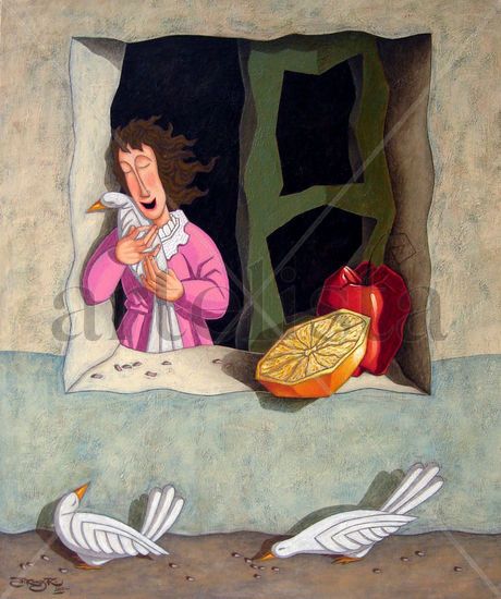 La Dulce Niña de las Aves Oil Canvas Figure Painting