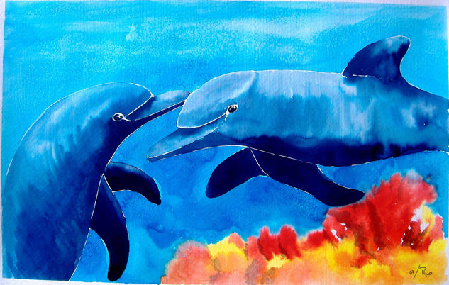 dos delfines Acuarela Papel Animales