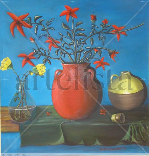 OLLA ROJA CON FLORES Y TRANSPARENCIAS CON ROSAS AMARILLAS CON FONDO AZÚL