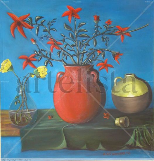 OLLA ROJA CON FLORES Y TRANSPARENCIAS CON ROSAS AMARILLAS CON FONDO AZÚL Oil Canvas Floral Painting