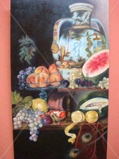 Bodegón con jarrón de Talavera Oil Panel Still Life Paintings