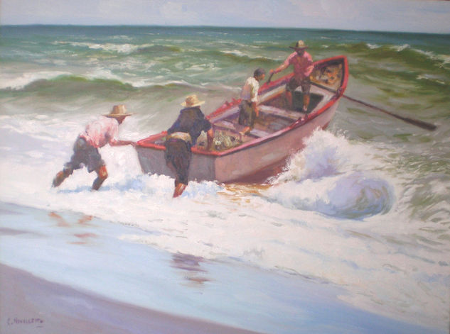 Pescadores en la playa Oil Canvas Marine Painting