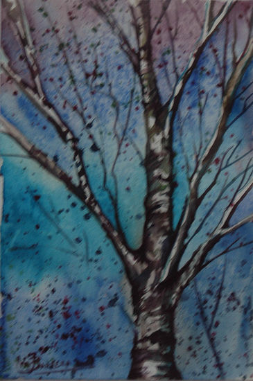 arbol sobre azul Acuarela Papel Paisaje