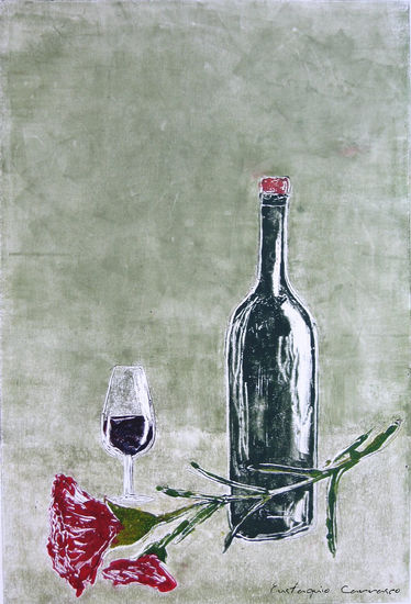 Botella, copa de vino y claveles Mixed media Card Still Life Paintings