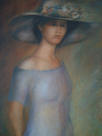 Mujer con pamela de flores (detalle) Óleo Lienzo Retrato