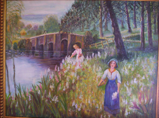 muchachas cogiendo flores Oil Canvas Landscaping