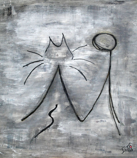 Eu e minha gata Mixed media Panel Figure Painting