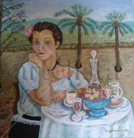 Mujer tomando café Óleo Lienzo Retrato