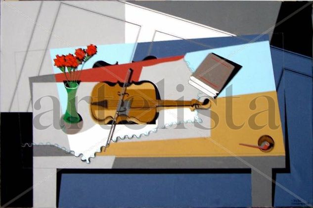 Bodegón cubista con violín Acrylic Canvas Still Life Paintings