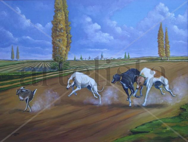 CARRERA DE GALGOS Óleo Lienzo Paisaje