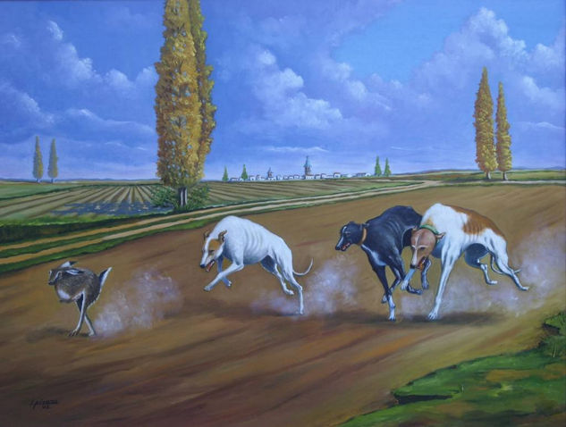 CARRERA DE GALGOS Óleo Lienzo Paisaje