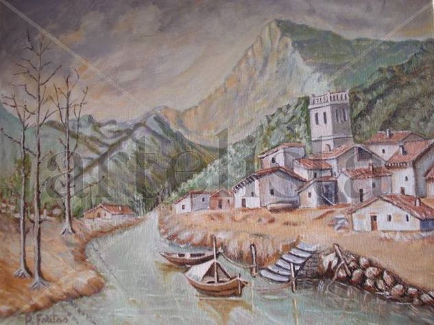 Pueblo río y castillo Oil Canvas Landscaping