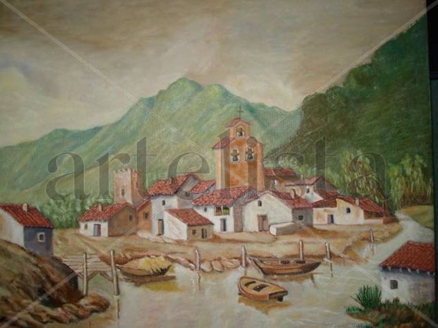 Pueblo, río e iglesia Oil Canvas Landscaping